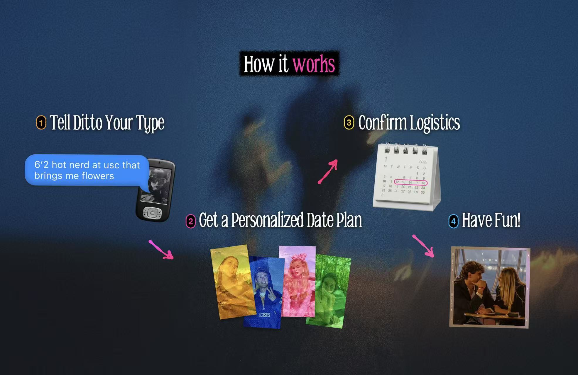 Ditto dating app interface showing a date suggestion on iMessage.